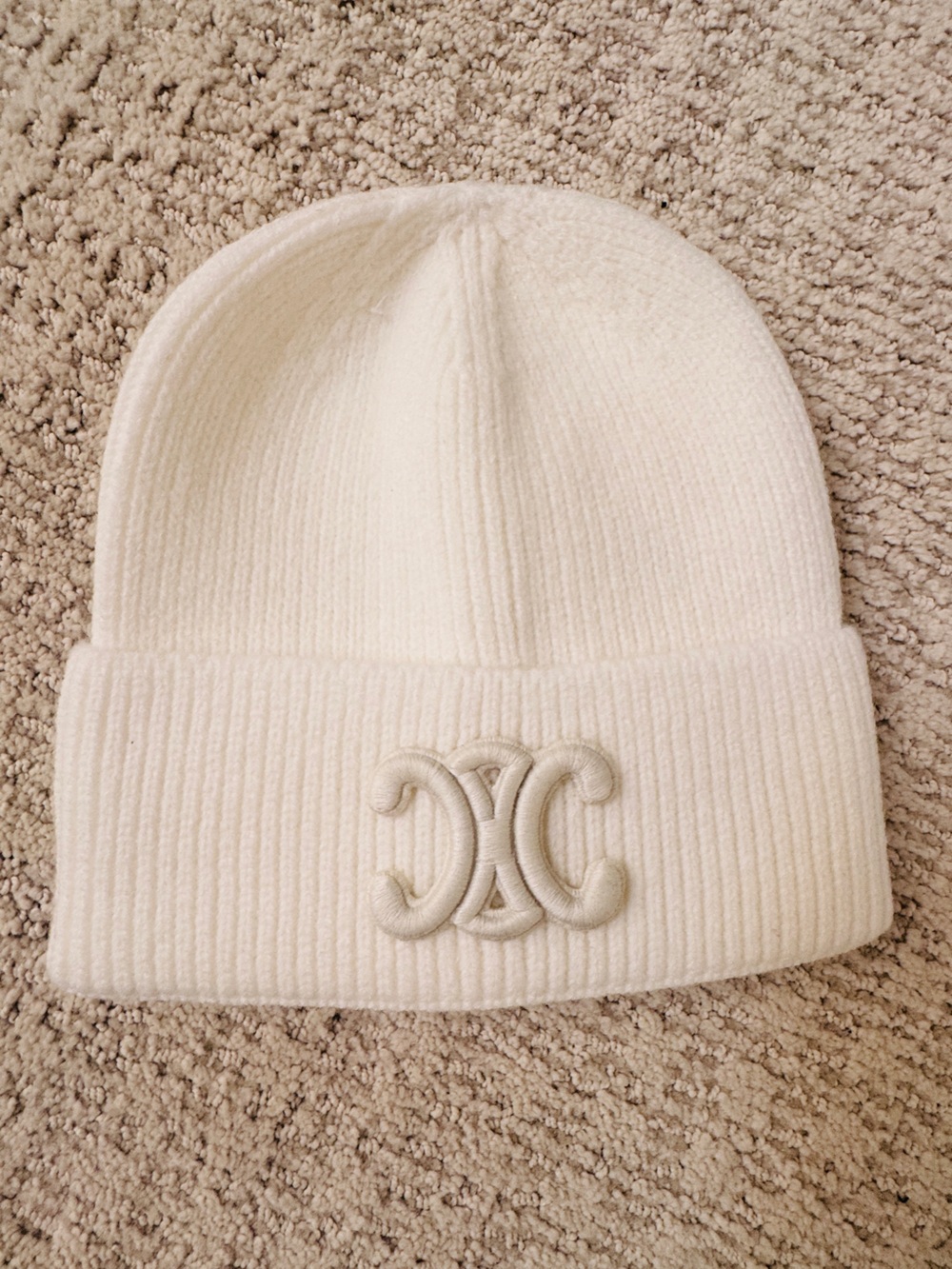 Celine Cream Ribbed Knit Beanie with Embroidered Logo